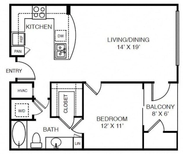 Rendering of the A11 floor plan with 1 bedroom[s] and 1 bathroom[s] at Windsor on the Lake