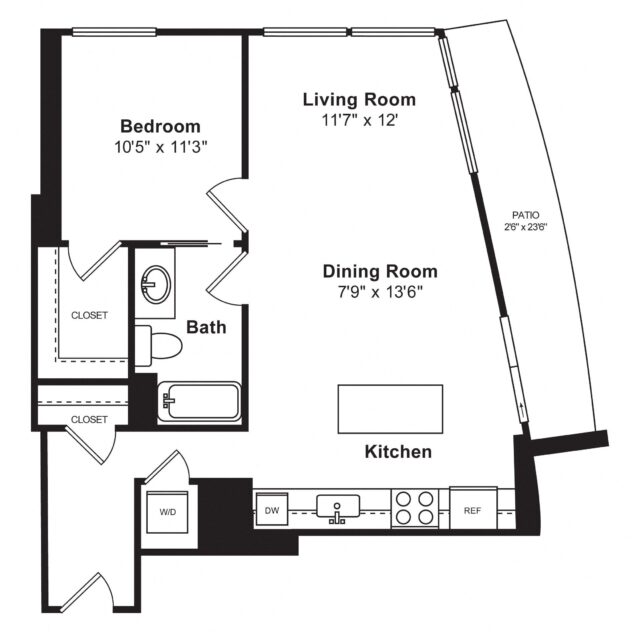 Rendering of the A11 floor plan with 1 bedroom[s] and 1 bathroom[s] at Cirrus