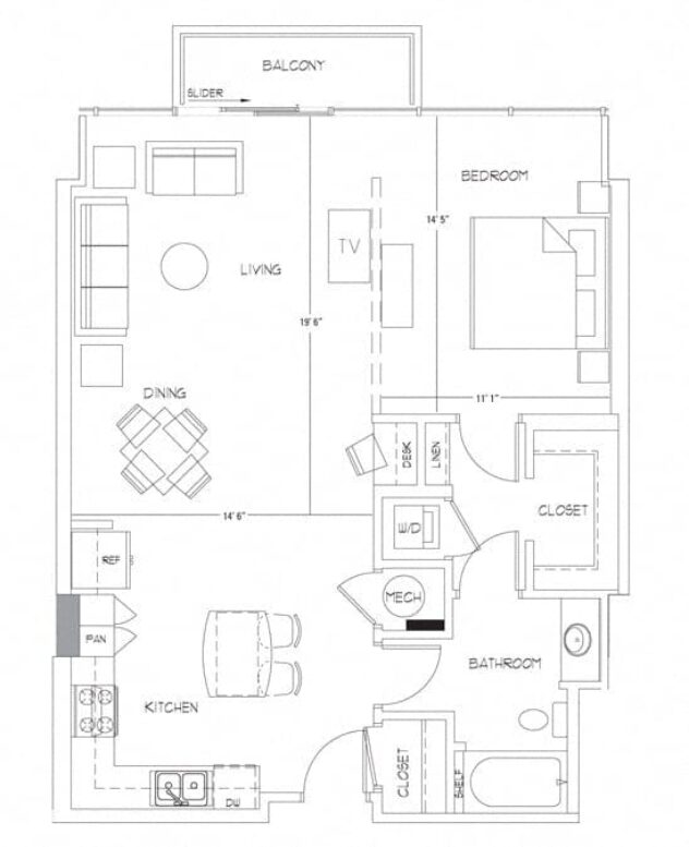 Rendering of the A11 floor plan with 1 bedroom[s] and 1 bathroom[s] at Glass House by Windsor