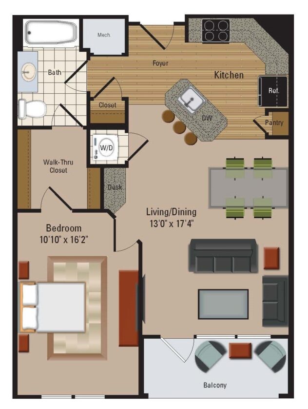 Rendering of the A11 floor plan with 1 bedroom[s] and 1 bathroom[s] at Windsor Leesburg