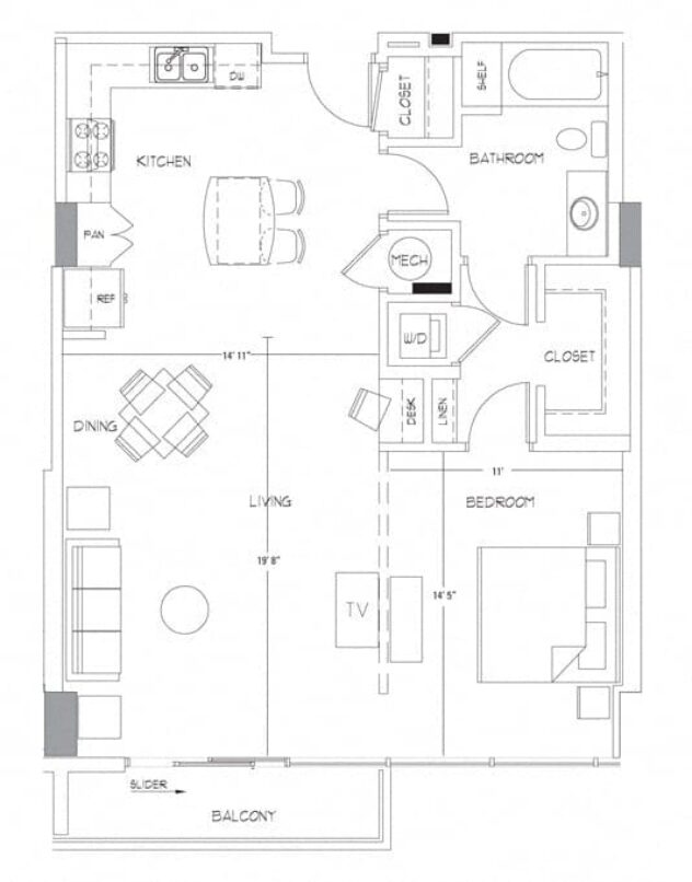 Rendering of the A11A floor plan with 1 bedroom[s] and 1 bathroom[s] at Glass House by Windsor