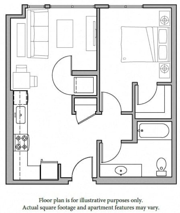 Rendering of the A12 1Bed North floor plan with 1 bedroom[s] and 1 bathroom[s] at The Whittaker