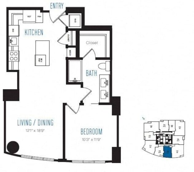 Rendering of the A12 floor plan with 1 bedroom[s] and 1 bathroom[s] at Stratus