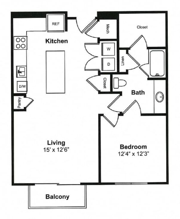 Rendering of the A12 floor plan with 1 bedroom[s] and 1 bathroom[s] at Windsor Preston