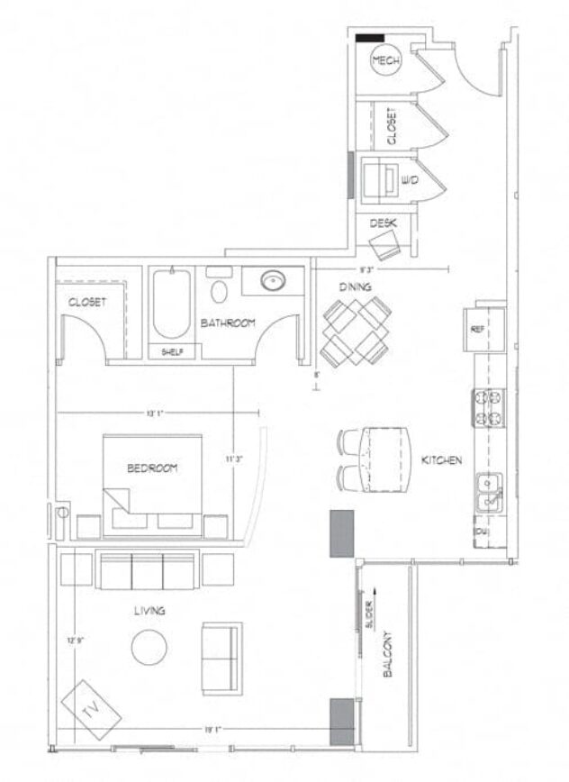 Rendering of the A12 floor plan with 1 bedroom[s] and 1 bathroom[s] at Glass House by Windsor