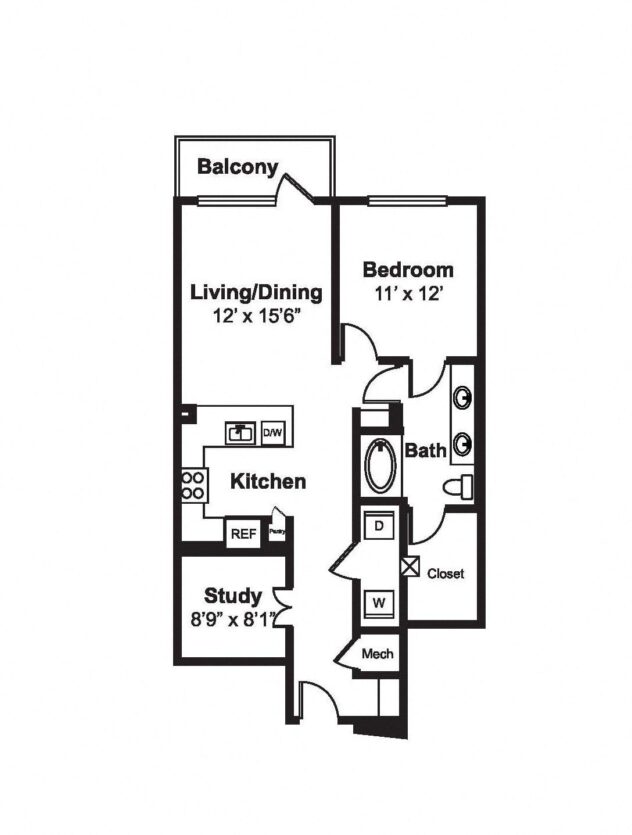 Rendering of the A13 floor plan with 1 bedroom[s] and 1 bathroom[s] at Windsor Fitzhugh