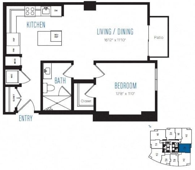 Rendering of the A13 floor plan with 1 bedroom[s] and 1 bathroom[s] at Stratus