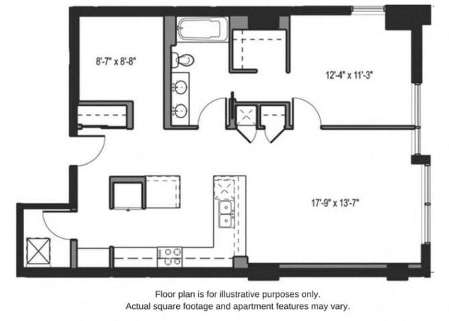 Rendering of the A13 floor plan with 1 bedroom[s] and 1 bathroom[s] at The Martin