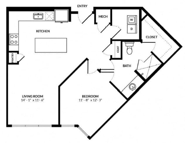 Rendering of the A13 floor plan with 1 bedroom[s] and 1 bathroom[s] at Windsor Preston