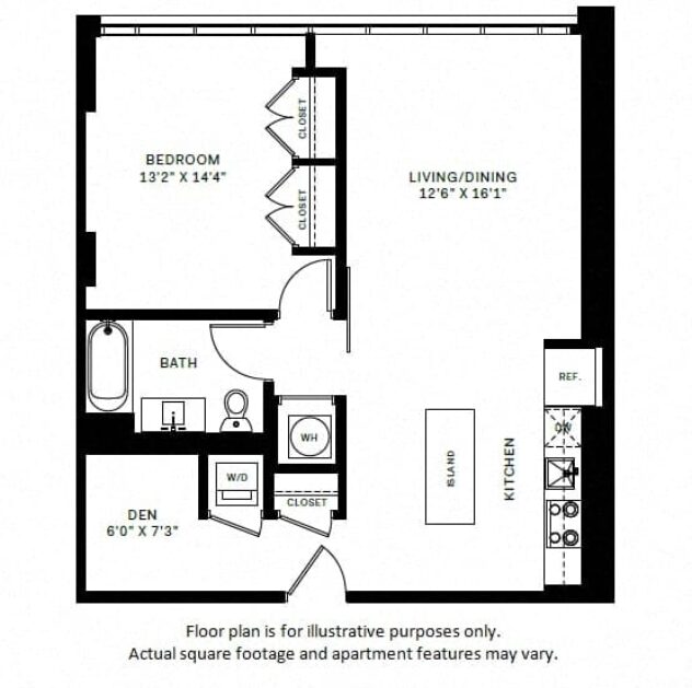 Rendering of the A13 floor plan with 1 bedroom[s] and 1 bathroom[s] at Windsor Bethesda