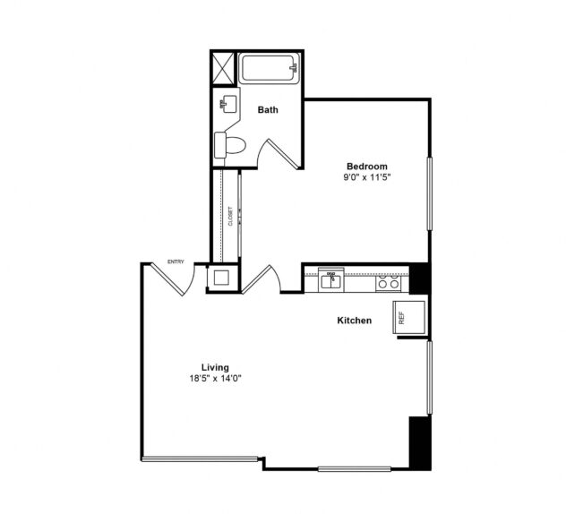 Rendering of the A13 - Ocean View floor plan with 1 bedroom[s] and 1 bathroom[s] at Sea Castle