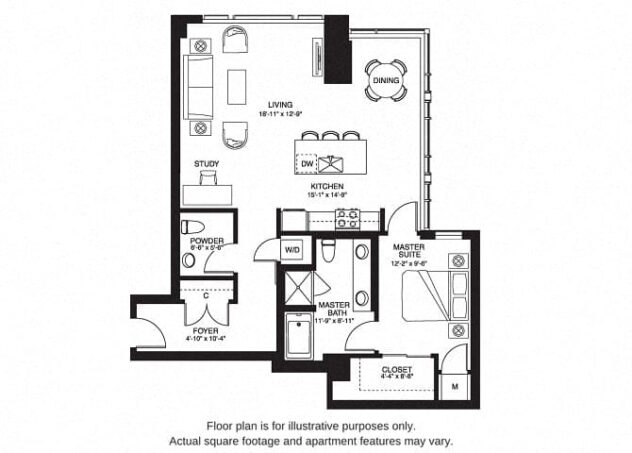 Rendering of the A13 South floor plan with 1 bedroom[s] and 1.5 bathroom[s] at The Bravern