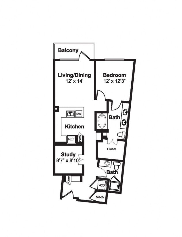 Rendering of the A14 floor plan with 1 bedroom[s] and 1 bathroom[s] at Windsor Fitzhugh