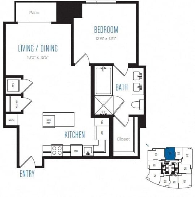 Rendering of the A14 floor plan with 1 bedroom[s] and 1 bathroom[s] at Stratus