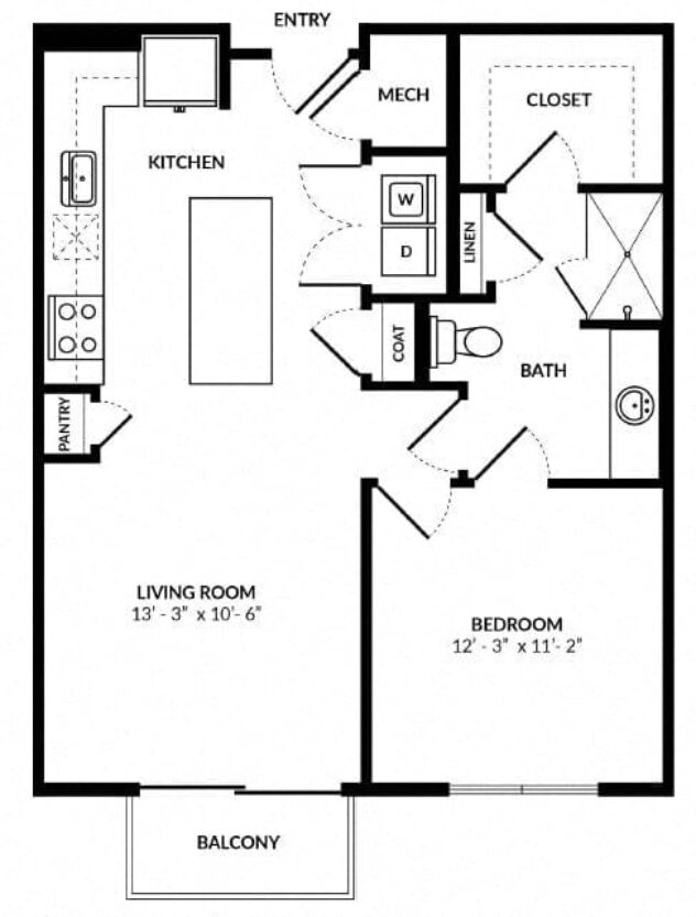 Rendering of the A14 floor plan with 1 bedroom[s] and 1 bathroom[s] at Windsor Preston