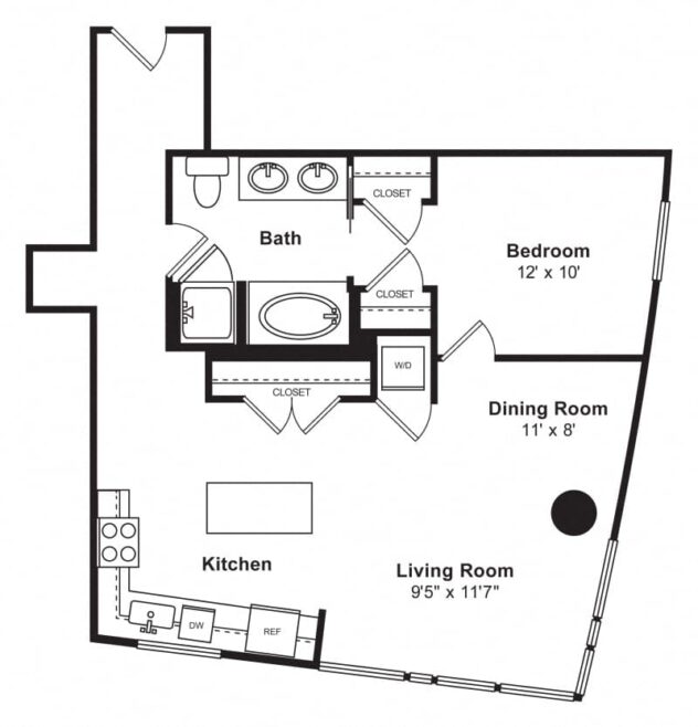 Rendering of the A14 floor plan with 1 bedroom[s] and 1 bathroom[s] at Cirrus