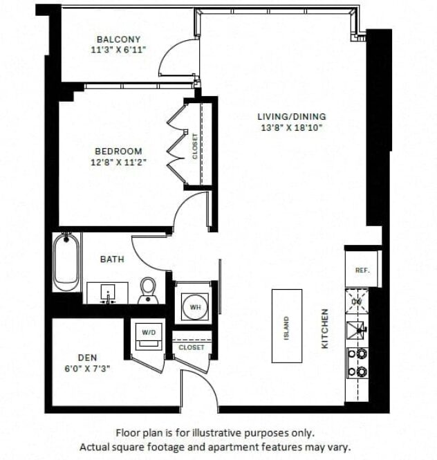 Rendering of the A14 floor plan with 1 bedroom[s] and 1 bathroom[s] at Windsor Bethesda