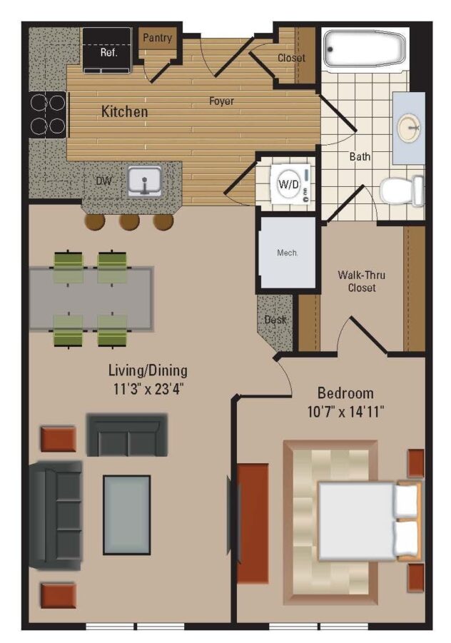 Rendering of the A14 floor plan with 1 bedroom[s] and 1 bathroom[s] at Windsor Leesburg