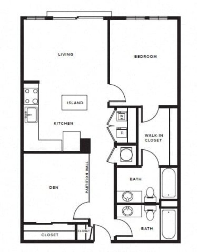 Rendering of the A15 floor plan with 1 bedroom[s] and 2 bathroom[s] at Morningside Atlanta by Windsor