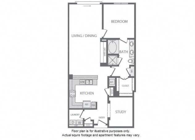 Rendering of the A15 floor plan with 1 bedroom[s] and 1 bathroom[s] at Windsor South Lamar