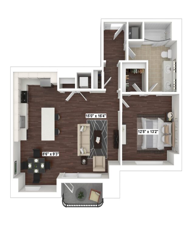 Rendering of the A15 floor plan with 1 bedroom[s] and 1.5 bathroom[s] at The Woodley