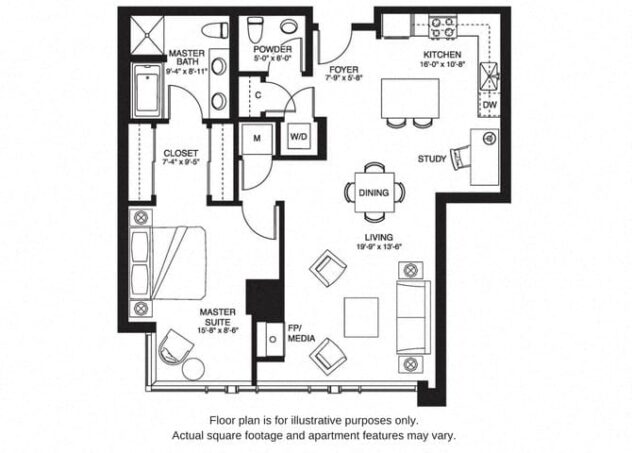 Rendering of the A15 South floor plan with 1 bedroom[s] and 1.5 bathroom[s] at The Bravern