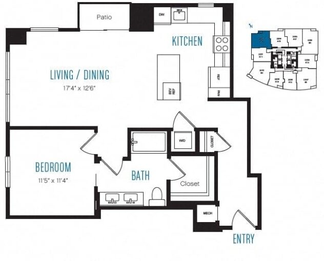 Rendering of the A16 floor plan with 1 bedroom[s] and 1 bathroom[s] at Stratus