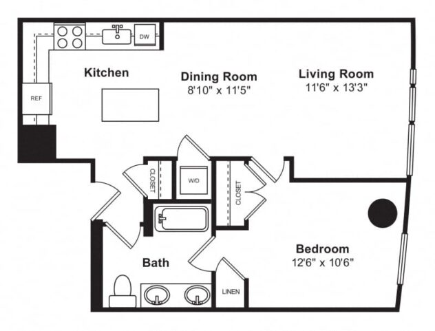 Rendering of the A16 floor plan with 1 bedroom[s] and 1 bathroom[s] at Cirrus