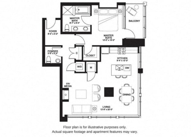 Rendering of the A16 South floor plan with 1 bedroom[s] and 1.5 bathroom[s] at The Bravern