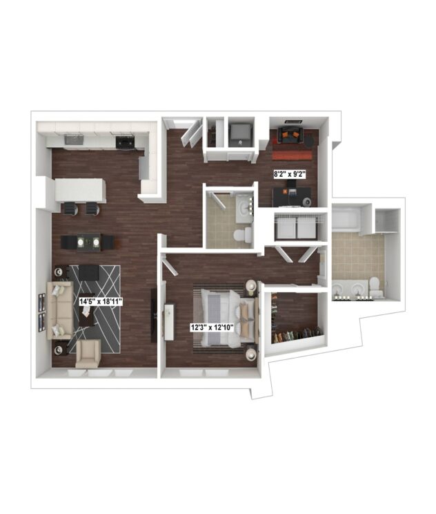 Rendering of the A16 with Den floor plan with 1 bedroom[s] and 1.5 bathroom[s] at The Woodley