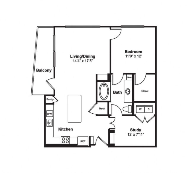 Rendering of the A17 floor plan with 1 bedroom[s] and 1 bathroom[s] at Windsor Fitzhugh