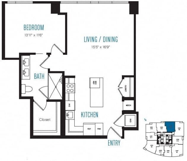 Rendering of the A17 floor plan with 1 bedroom[s] and 1 bathroom[s] at Stratus