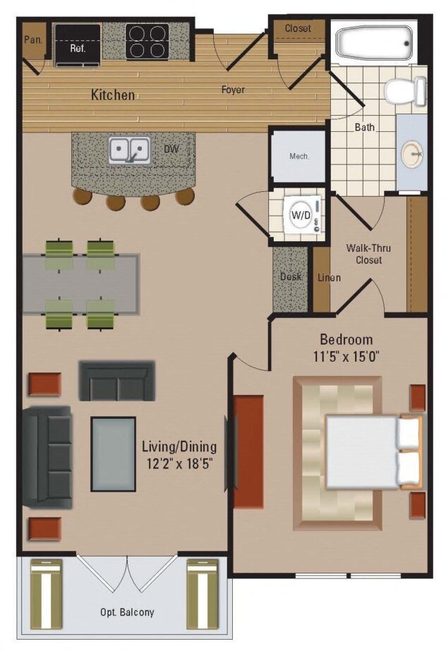 Rendering of the A17 floor plan with 1 bedroom[s] and 1 bathroom[s] at Windsor Leesburg