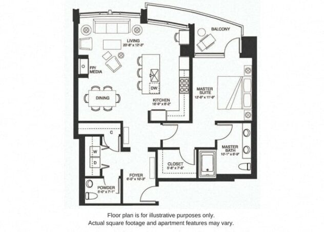 Rendering of the A17 South floor plan with 1 bedroom[s] and 1.5 bathroom[s] at The Bravern