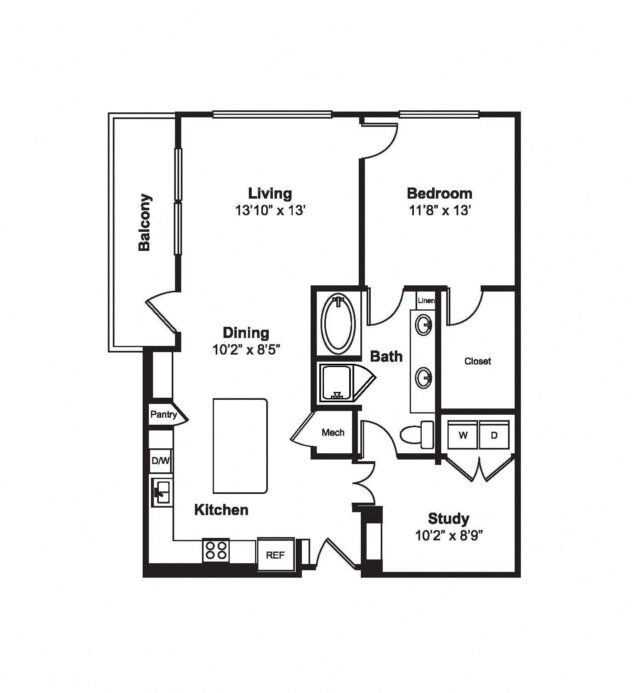 Rendering of the A18 floor plan with 1 bedroom[s] and 1 bathroom[s] at Windsor Fitzhugh