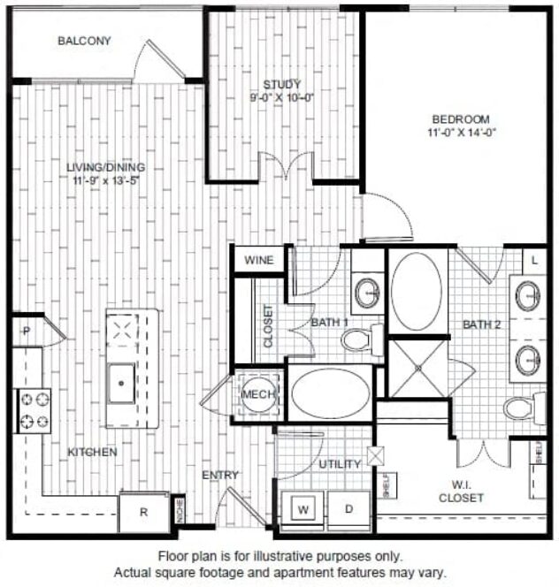 Rendering of the A18 floor plan with 1 bedroom[s] and 1 bathroom[s] at Windsor CityLine