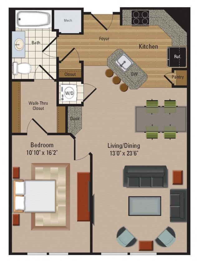 Rendering of the A19 floor plan with 1 bedroom[s] and 1 bathroom[s] at Windsor Leesburg