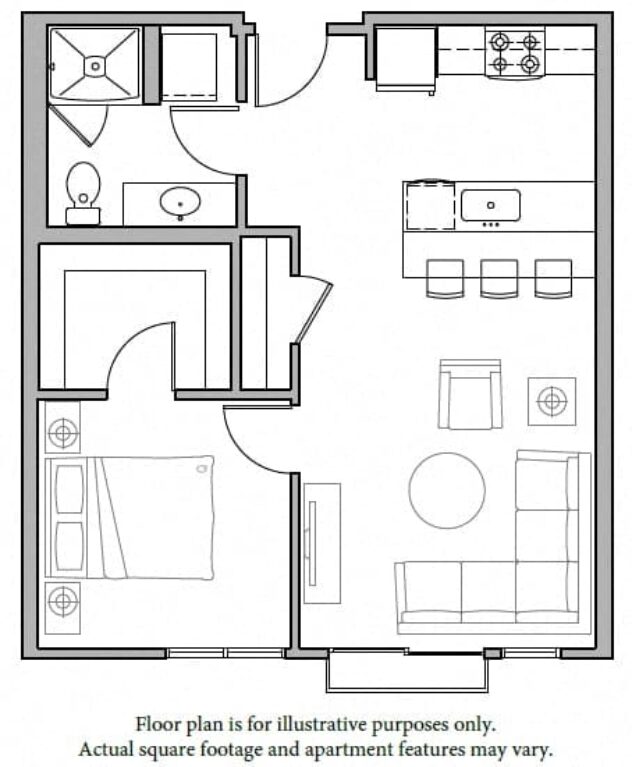 Rendering of the A1A 1Bed North floor plan with 1 bedroom[s] and 1 bathroom[s] at The Whittaker