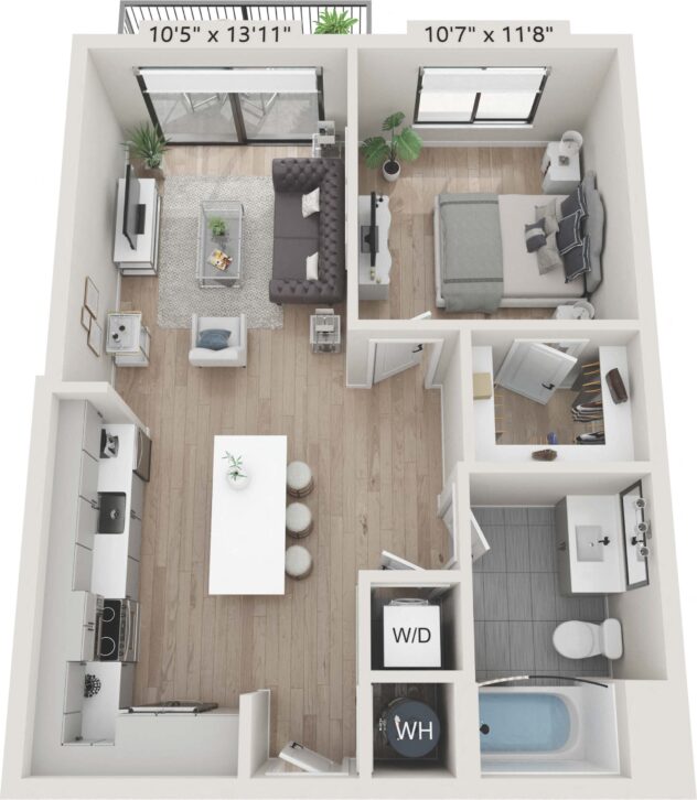 Rendering of the A1a floor plan with 1 bedroom[s] and 1 bathroom[s] at Céntrico by Windsor