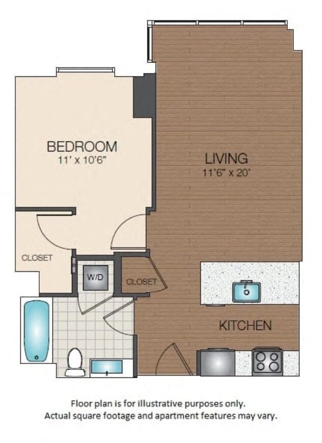 Rendering of the A1a floor plan with 1 bedroom[s] and 1 bathroom[s] at The Victor by Windsor