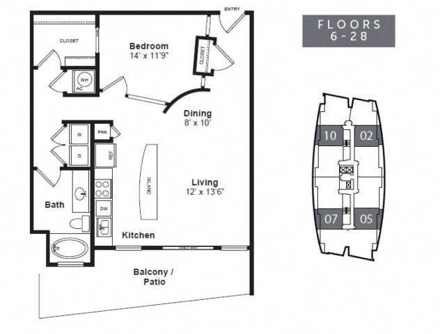 Rendering of the A1D floor plan with 1 bedroom[s] and 1 bathroom[s] at The Monarch by Windsor