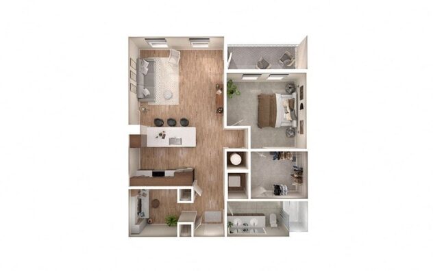 Rendering of the A1D floor plan with 1 bedroom[s] and 1 bathroom[s] at Windsor South Congress