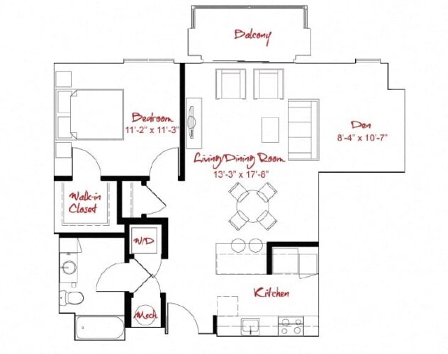 Rendering of the A1D floor plan with 1 bedroom[s] and 1 bathroom[s] at Windsor at Maxwells Green