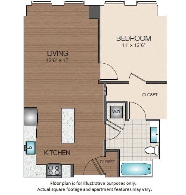 Rendering of the A1e floor plan with 1 bedroom[s] and 1 bathroom[s] at The Victor by Windsor