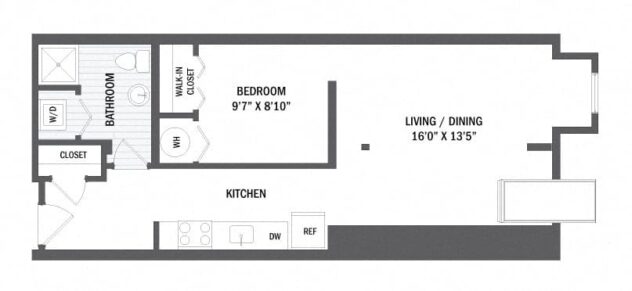 Rendering of the A1L - Mill floor plan with a Studio bedroom and 1 bathroom[s] at Windsor Radio Factory