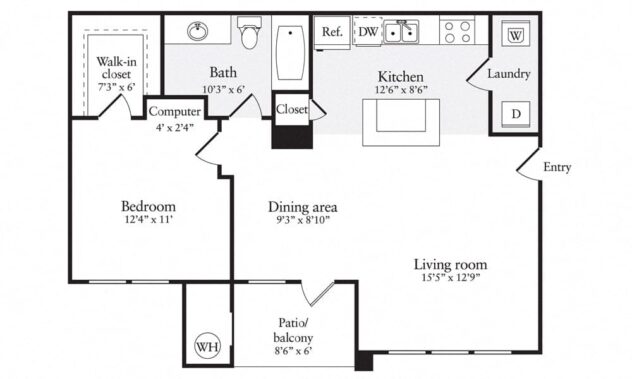 Rendering of the A1R floor plan with 1 bedroom[s] and 1 bathroom[s] at Windsor Herndon