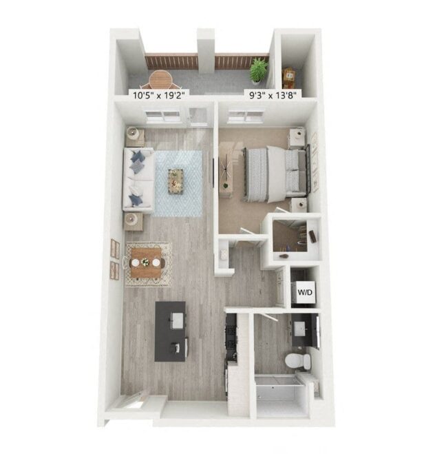 Rendering of the A2-1 floor plan with 1 bedroom[s] and 1 bathroom[s] at Windsor Rancho PQ