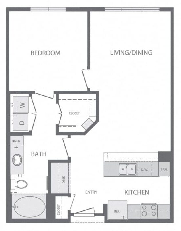 Rendering of the A2 1Bed 1Bath floor plan with 1 bedroom[s] and 1 bathroom[s] at Windsor at West University