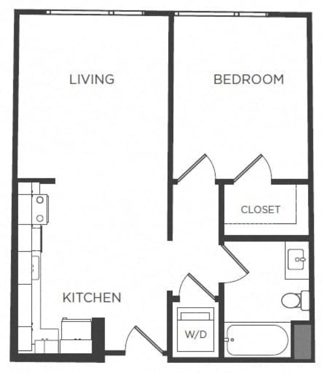 Rendering of the A2 floor plan with 1 bedroom[s] and 1 bathroom[s] at Mission Bay by Windsor