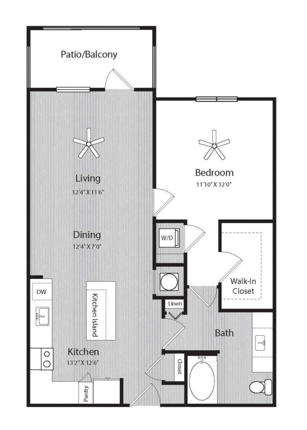 Rendering of the A2 floor plan with 1 bedroom[s] and 1 bathroom[s] at Windsor 335